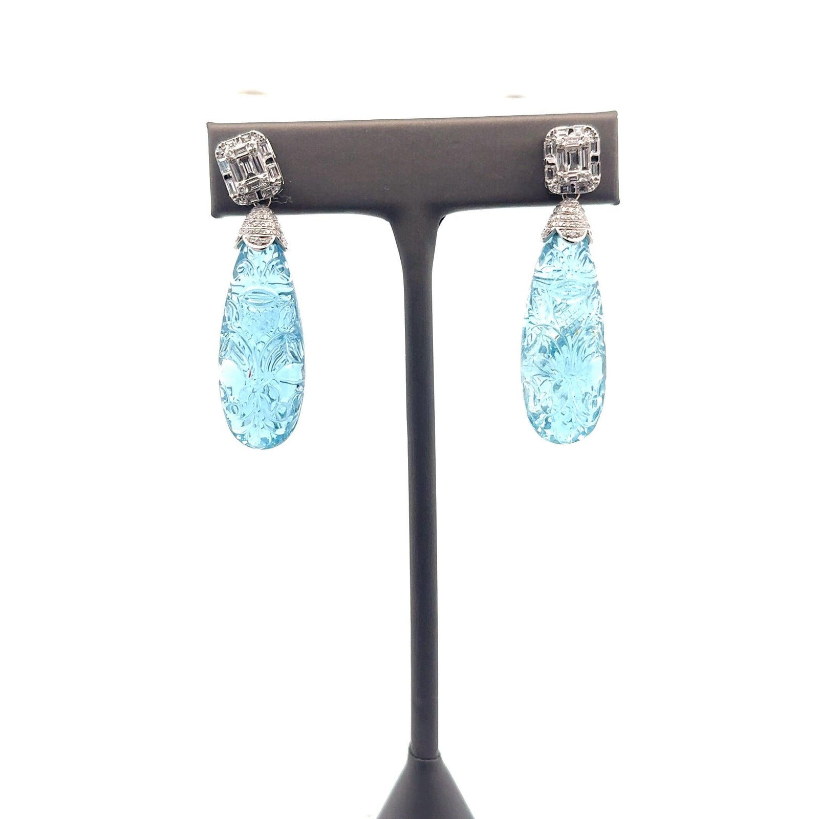 Hand-Carved Aqua Stone Earrings Diamond Accents - BVW Jewelers - Fine Engagement Rings & Custom Designs