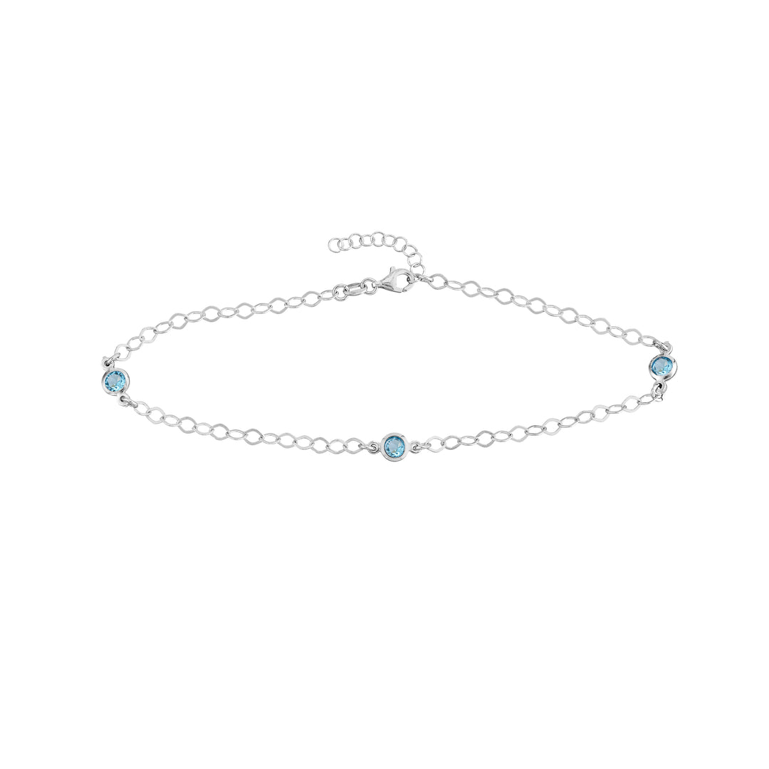 Sterling Silver Blue CZ Stations on Chain Adjustable Anklet
