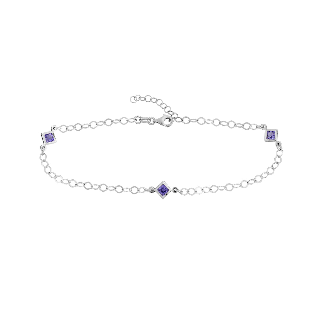 Sterling Silver Purple CZ Rhombus Stations Anklet
