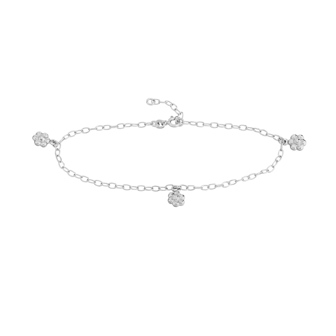 Sterling Silver Flower Dangle Trio Adjustable Anklet