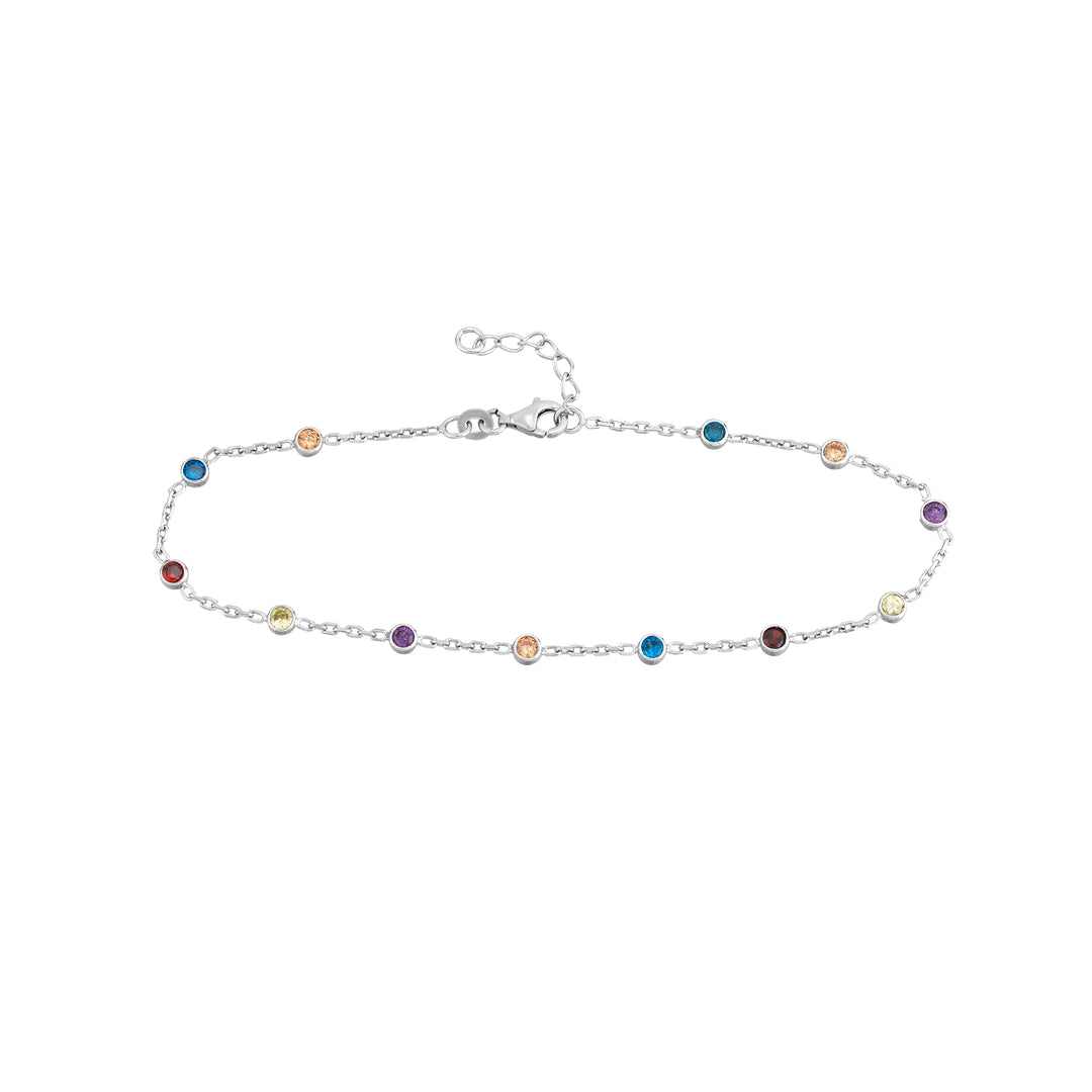 Sterling Silver Color CZ Stations on Chain Adjustable Anklet