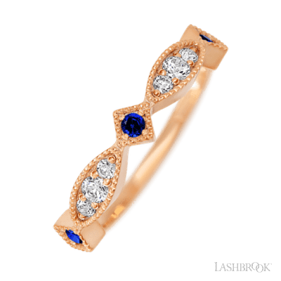 14K Rose Gold band with alternating 3 Round Sapphire, 2 Round Lab Grown Diamond and 4 Round Lab Grown Diamond having TCW-.27