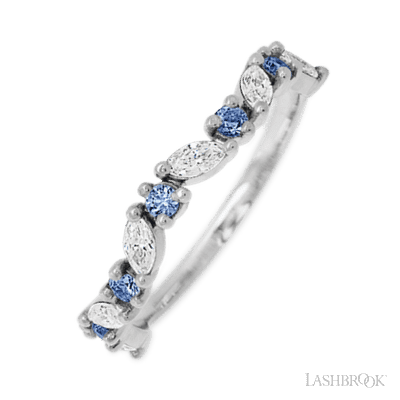 14K White Gold band with alternating 6 Round Denim Sapphire and 5 Marquise Lab Grown Diamond having TCW-.68