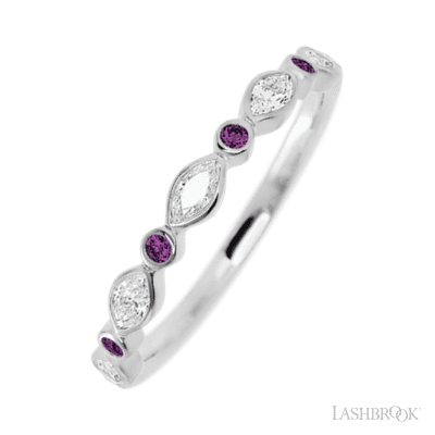 14K White Gold band with alternating 4 Round Purple Diamond and 5 Marquise Lab Grown Diamond having TCW-.56