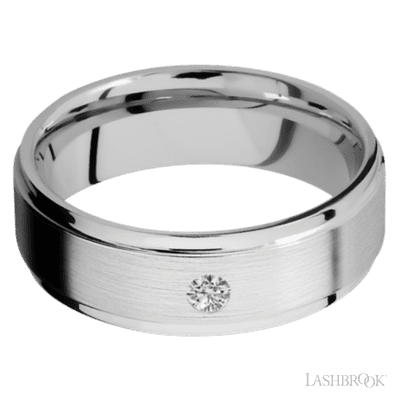 7 mm wide/Flat Grooved Edges/14K White Gold band with an  arrangement of 1, .1 carat Round Diamond stones in a Flush setting.
