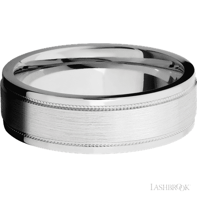 7 mm wide Flat Stepped Edges Milgrain 14K White Gold band.