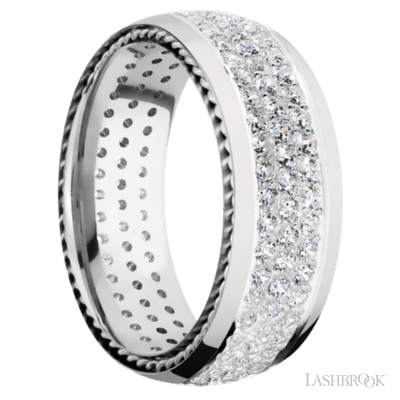 8 mm wide/Domed/14K White Gold band with  two 1 mm Sidebraid inlays of 14K White Gold and featuring a 3 Row Eternity arrangement of .015 carat Round Diamond stones in a Bead Channel setting