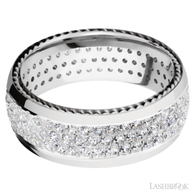 8 mm wide/Domed/14K White Gold band with  two 1 mm Sidebraid inlays of 14K White Gold and featuring a 3 Row Eternity arrangement of .015 carat Round Diamond stones in a Bead Channel setting