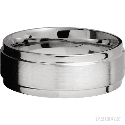 8 mm wide Flat Wide Grooved Edges 14K White Gold band.
