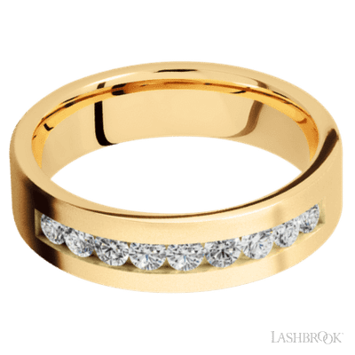 6 mm wide/Flat/14K Yellow Gold band with an  arrangement of 9, .07 carat Round Diamond stones in a Channel setting.