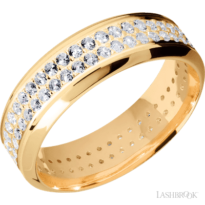 7 mm wide/High Bevel/14K Yellow Gold band with a 2 Row Eternity arrangement of .015 carat Round Diamond stones in a Bead Channel setting.