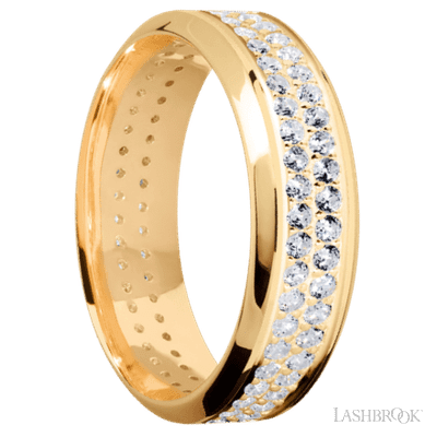 7 mm wide/High Bevel/14K Yellow Gold band with a 2 Row Eternity arrangement of .015 carat Round Diamond stones in a Bead Channel setting.