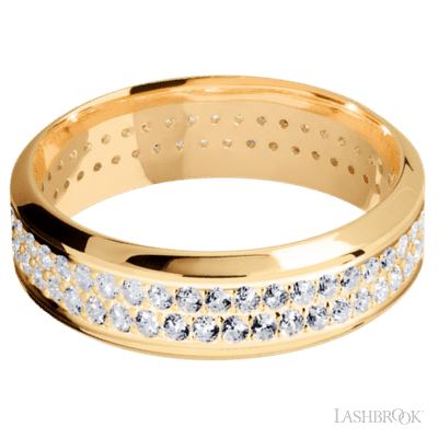 7 mm wide/High Bevel/14K Yellow Gold band with a 2 Row Eternity arrangement of .015 carat Round Diamond stones in a Bead Channel setting.