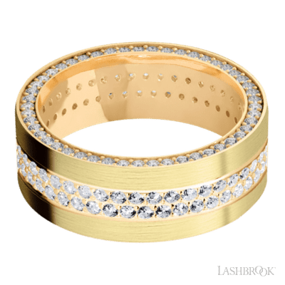 8 mm wide/Flat/14K Yellow Gold band with a Side Eternity arrangement of .01 carat Round Diamond stones in a Bead Channel setting and featuring a a 2 Row Eternity arrangement of .015 carat Round Diamond stones in a Bead Channel setting