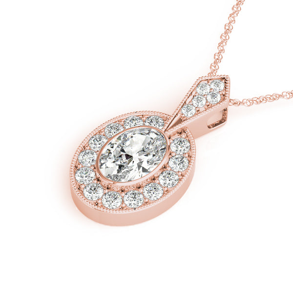 14K Rose Gold Oval Diamond Halo Pendant Necklace