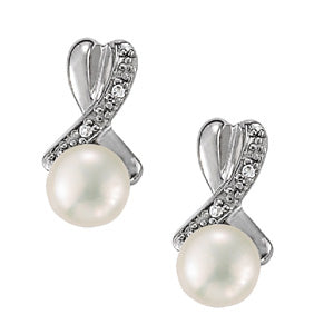 14K White Gold Diamond Pearl Stud Earrings