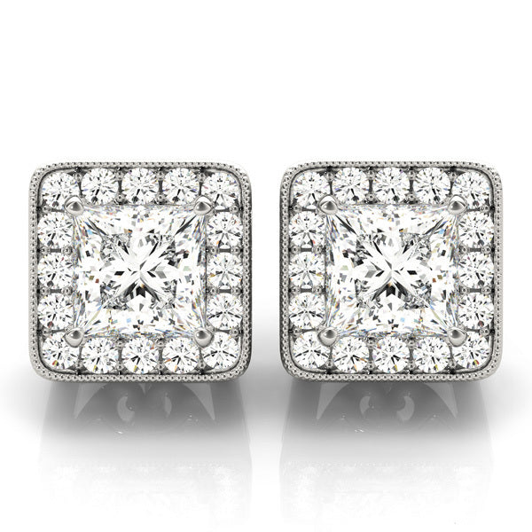 14K White Gold Square Diamond Halo Stud Earrings