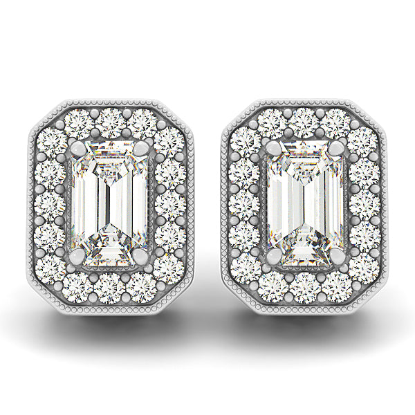 18K White Gold Emerald Diamond Halo Stud Earrings