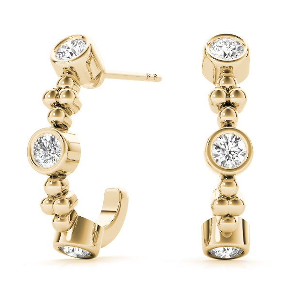 14K Yellow Gold Round Diamond J-Hoop Earrings