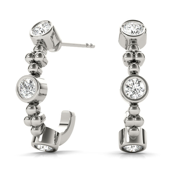 14K White Gold Round Diamond J-Hoop Earrings