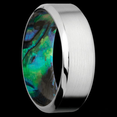 8 mm wide High Bevel Cobalt Chrome band featuring a Abalone sleeve.