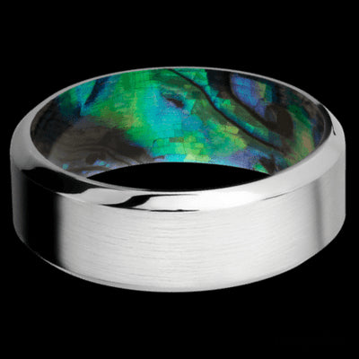 8 mm wide High Bevel Cobalt Chrome band featuring a Abalone sleeve.