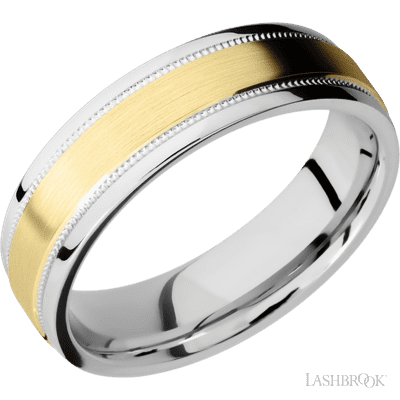 6 mm wide/Flat Stepped Edges Milgrain/Cobalt Chrome band with one 3 mm Raised Centered inlay of 14K Yellow Gold.