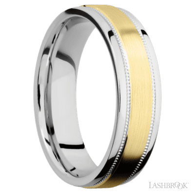 6 mm wide/Flat Stepped Edges Milgrain/Cobalt Chrome band with one 3 mm Raised Centered inlay of 14K Yellow Gold.