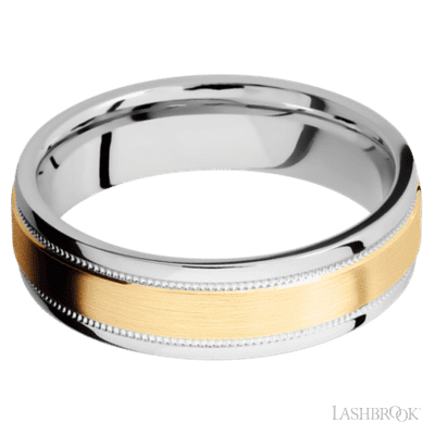 6 mm wide/Flat Stepped Edges Milgrain/Cobalt Chrome band with one 3 mm Raised Centered inlay of 14K Yellow Gold.
