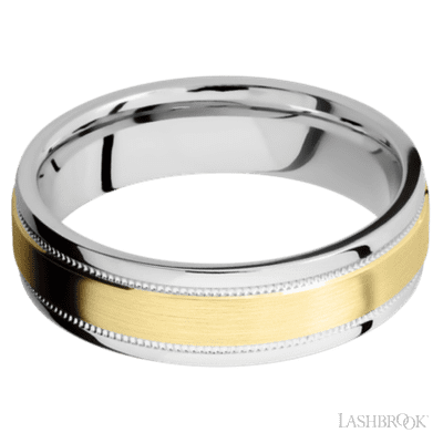 6 mm wide/Flat Stepped Edges Milgrain/Cobalt Chrome band with one 3 mm Raised Centered inlay of 14K Yellow Gold.