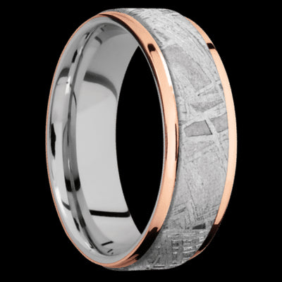 7 mm wide/Flat Grooved Edges/Cobalt Chrome band featuring inlays of Meteorite and 14K Rose Gold.