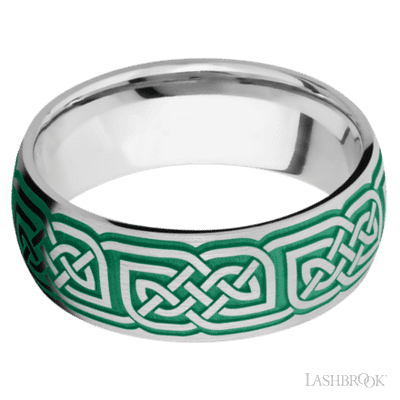 8 mm wide/Domed/Cobalt Chrome band with a laser carved Celtic 17 pattern.