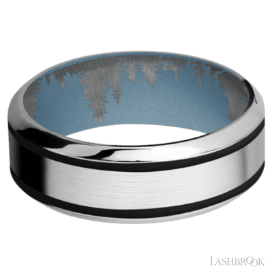 8 mm wide/High Bevel/Cobalt Chrome band with two 1 mm Wide inlays of Black also featuring a Polar Blue sleeve.