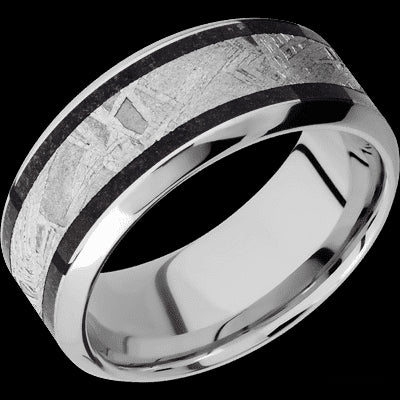 9 mm wide/High Bevel/Cobalt Chrome band featuring inlays of Dinosaur Bone Black and Meteorite.