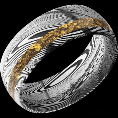 8 mm wide/Domed/Tightweave band with one 2 mm Off Center inlay of Alaskan Gold Nugget.