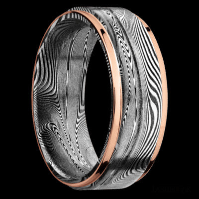 8 mm wide/Flat Grooved Edges/Tightweave band with two 1 mm Edge inlays of 14K Rose Gold.