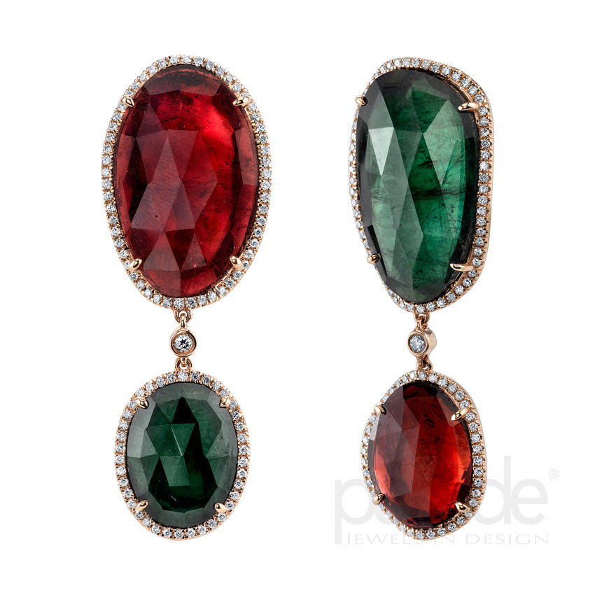 Pink & Green Tourmaline with Diamond Earrings