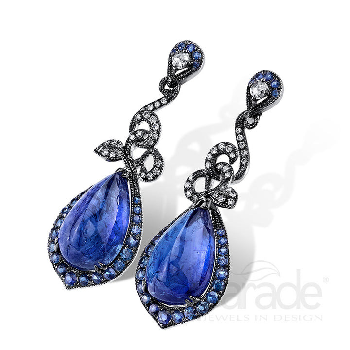 Teardrop Tanzanite, Blue Sapphire & Diamond Drop Earrings