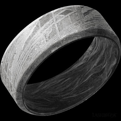 8 mm wide Beveled Meteorite band featuring a Forged Carbon Fiber sleeve.