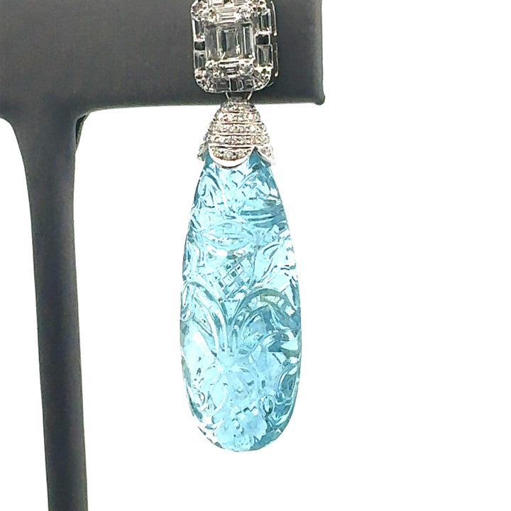 Hand-Carved Aqua Stone Earrings Diamond Accents - BVW Jewelers - Fine Engagement Rings & Custom Designs