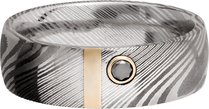 Handmade 7mm zebra Damascus steel band with a vertical inlay of 14K yellow gold and bezel-set black diamond - BVW Jewelers - Fine Engagement Rings & Custom Designs