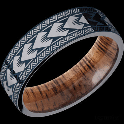 7 mm wide/Flat/Tantalum band with a laser carved Maori pattern also featuring a Koa sleeve.