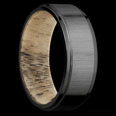8 mm wide Flat Grooved Edges Zirconium band featuring a Spalted Tamarind sleeve.