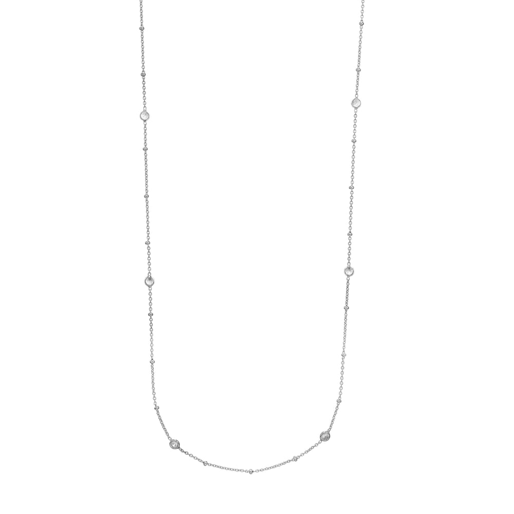 Sterling Silver Mini Bead and CZ Bezel Station Long Necklace
