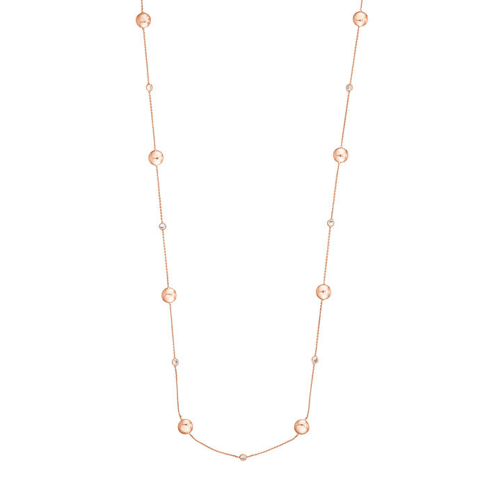 Sterling Silver Polished Bead and CZ Station Long Necklace