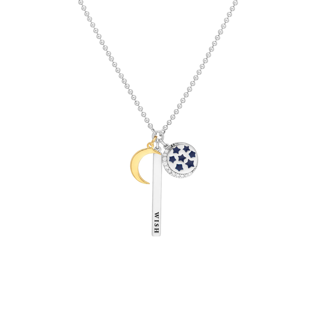 Sterling Silver Wish Bar Celestial Mixed Charm Necklace
