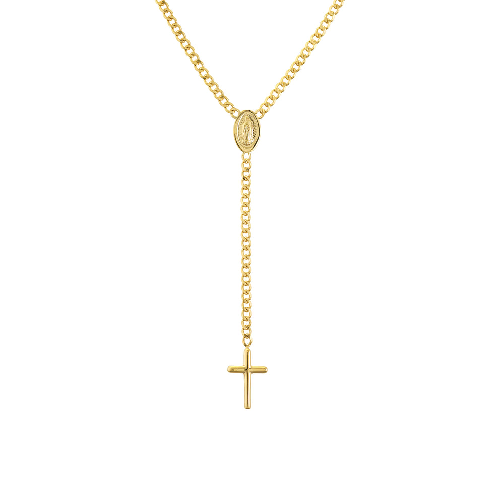 Mary and Cross Curb Chain Lariat Necklace