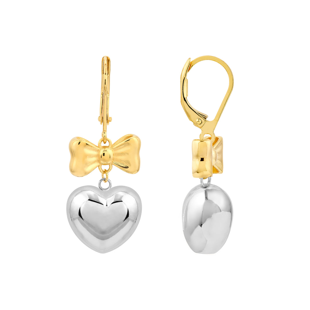 Two Tone Heart Bow Dangle Earrings
