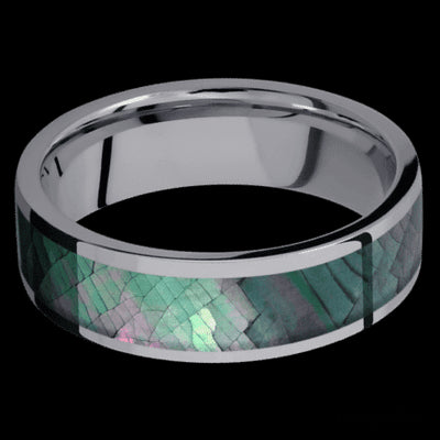 7 mm wide/Flat/Tantalum band with one 5 mm Centered inlay of Black Mother of Pearl.