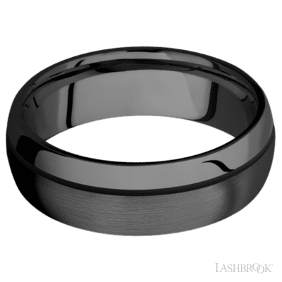 7 mm wide/Domed/Zirconium band with one 0.5 mm Off Center inlay of Black.